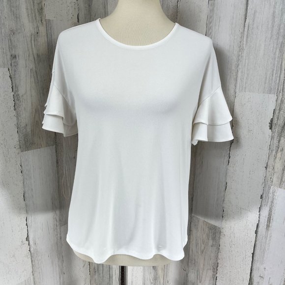 INC International Concepts Women's White Short Ruffle Sleeve Shirt Top Blouse MP - Picture 3 of 9